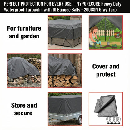 MYPURECORE Heavy Duty Waterproof Tarpaulin 200GSM Grey Tarp with 10 Bungee Balls - Durable Weatherproof Tarp Sheet for Camping, Garden, Trailer, Tent & Outdoor Protection