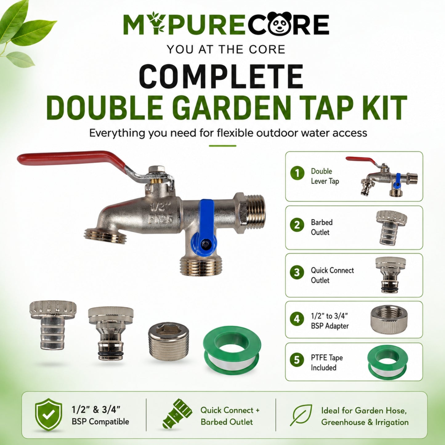 Double Garden Tap Kit with 1/2” & 3/4” BSP Adapter, Dual Lever Outdoor Water Tap with Quick Connect Fitting, Barbed Hose Outlet & PTFE Tape for Garden Hose, Irrigation & Greenhouse Use