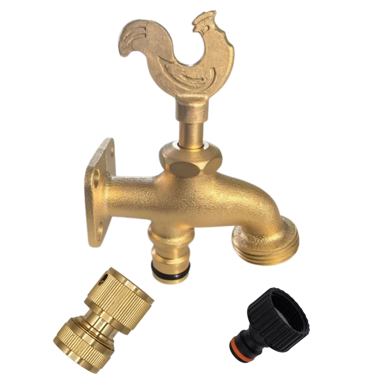 Brass Garden Tap Kit – 3/4" BSP Outdoor Bib Tap with Female Tap Connector & Solid Brass Hose Connector, Heavy-Duty Quick Connect for Garden & Irrigation Rooster/Classic Handle