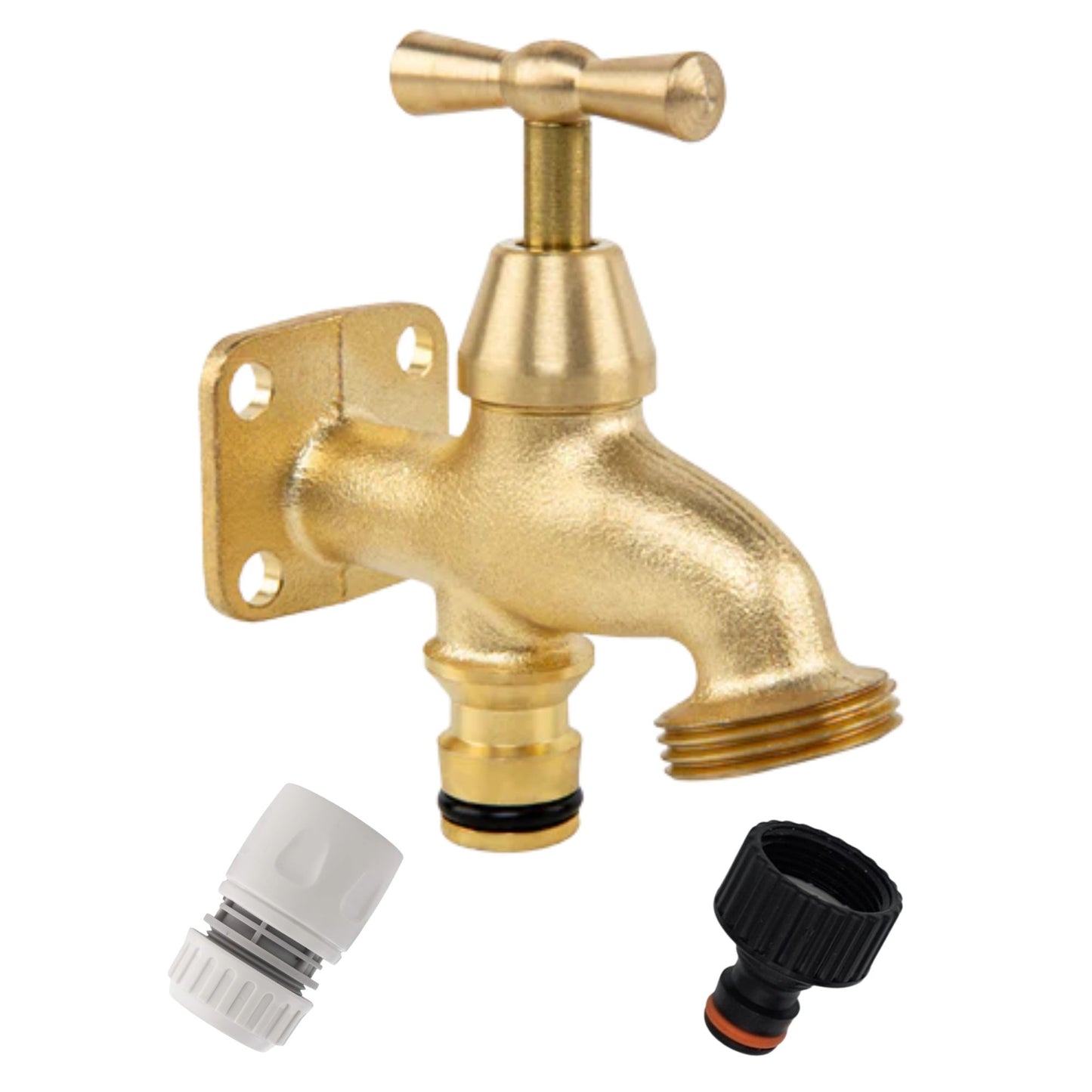 Brass Garden Tap Kit with Hose Connectors – 3/4" BSP Outdoor Bib Tap, Female Tap Connector & Female Hose Connector, Quick Connect Water Tap Set Rooster/Classic Handle