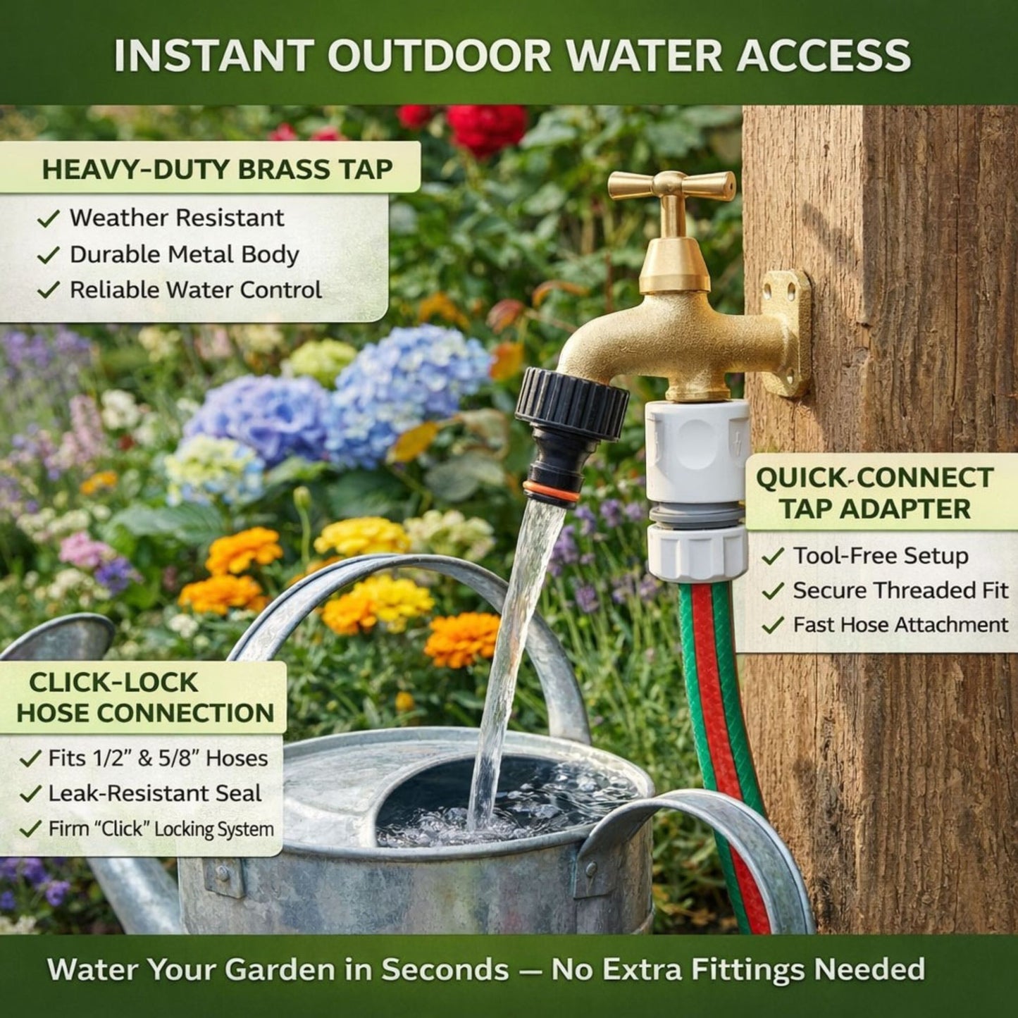 Brass Garden Tap Kit with Hose Connectors – 3/4" BSP Outdoor Bib Tap, Female Tap Connector & Female Hose Connector, Quick Connect Water Tap Set Rooster/Classic Handle