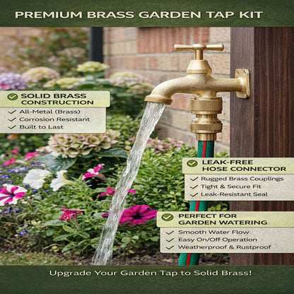 Brass Garden Tap Kit – 3/4" BSP Outdoor Bib Tap with Female Tap Connector & Solid Brass Hose Connector, Heavy-Duty Quick Connect for Garden & Irrigation Rooster/Classic Handle