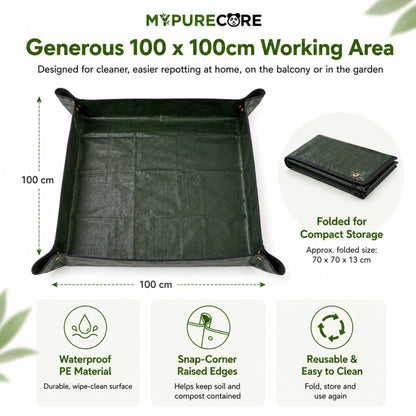 Plant Repotting Mat 100x100cm Waterproof Foldable Gardening Potting Tray with Snap Corners for Indoor Plants, Seedlings, Soil Mixing & Balcony Gardening