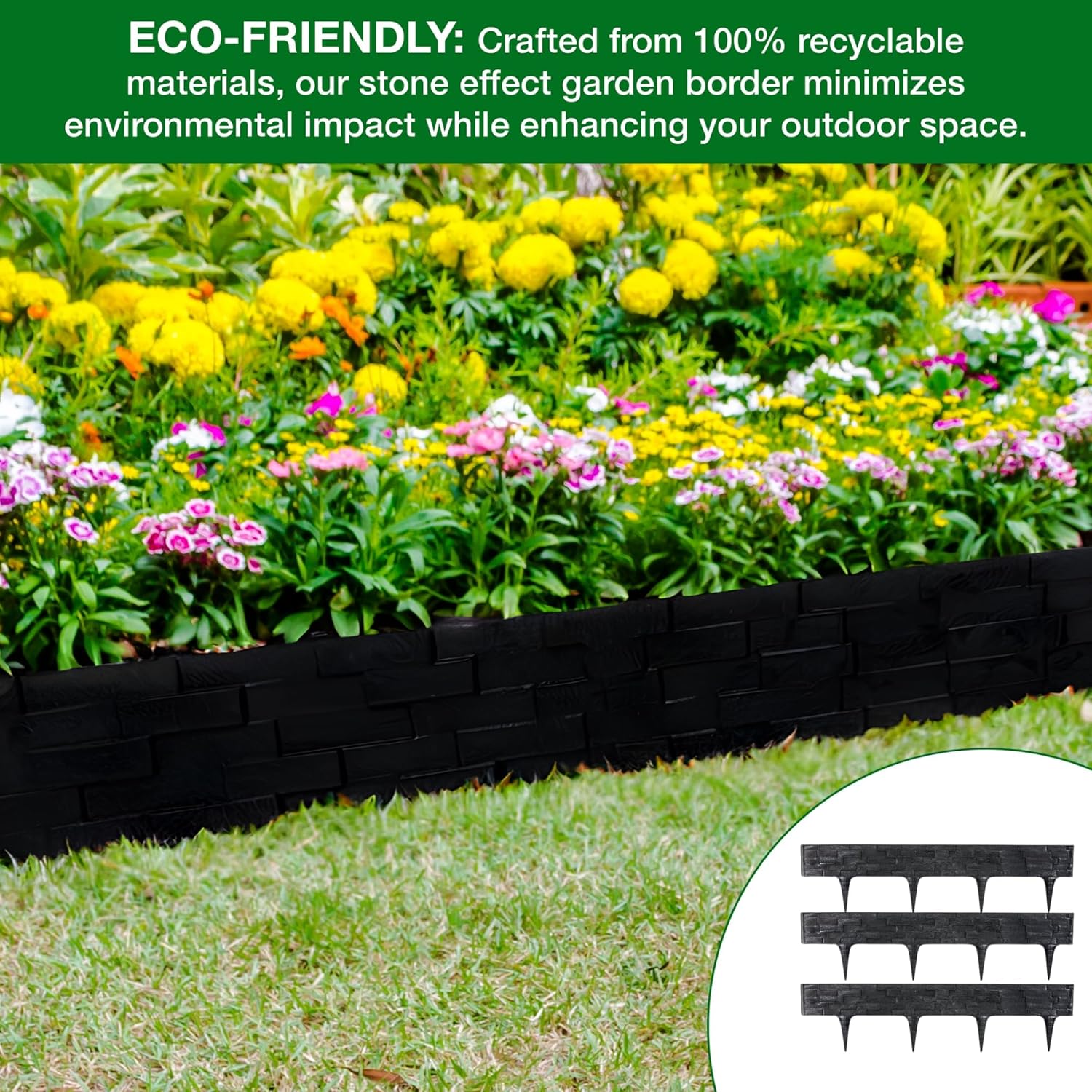 Black, Brown, Gray Stone Effect Lawn Edging 2.3m - Flexible Plastic Garden Border for Flower Beds & Paths | Weather-Resistant & Recyclable Palisade | Easy Install Edging for Grass, Gravel & Landscape