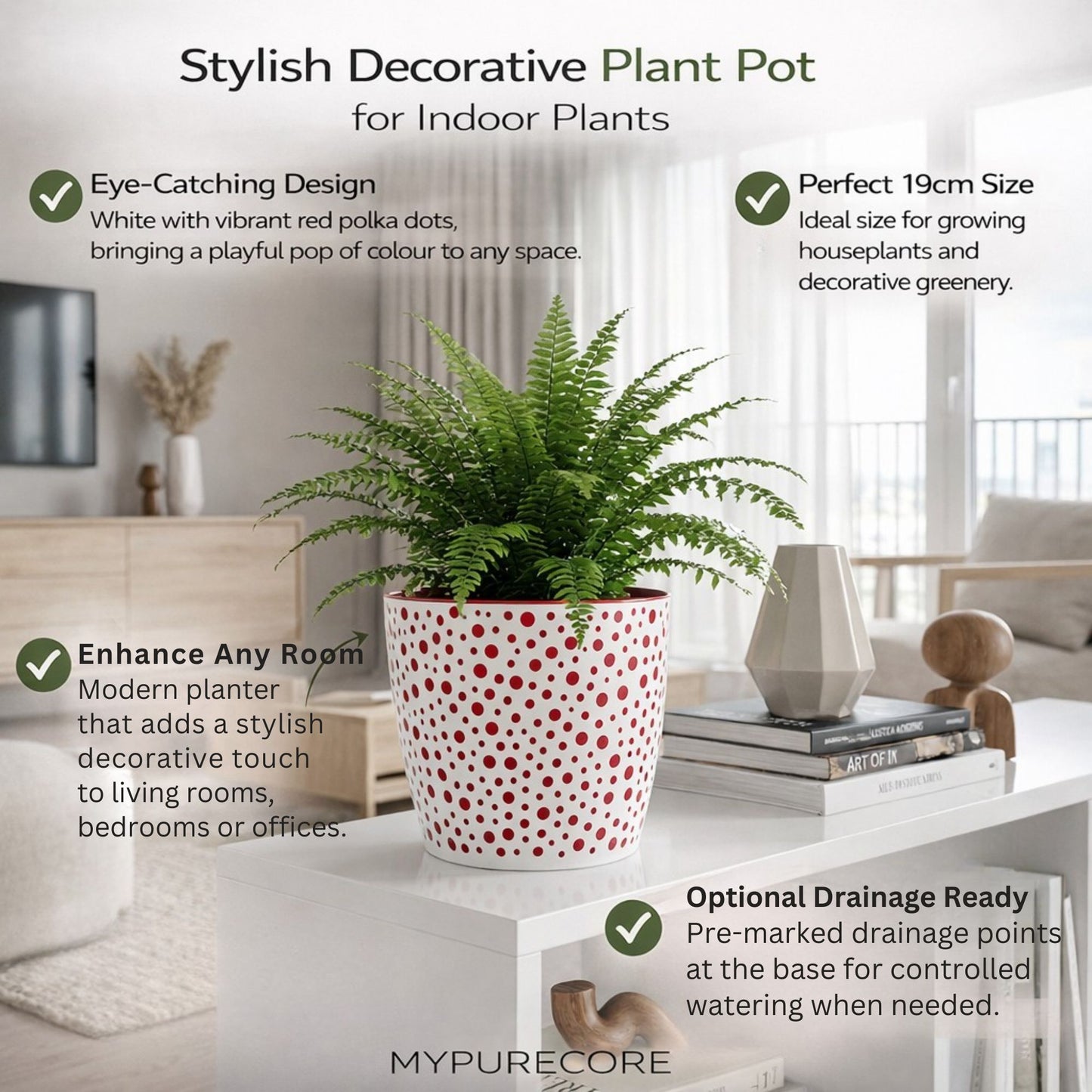 Flower Pot 19cm Decorative Modern Dotted Design Plastic Planter Round Plant Pot