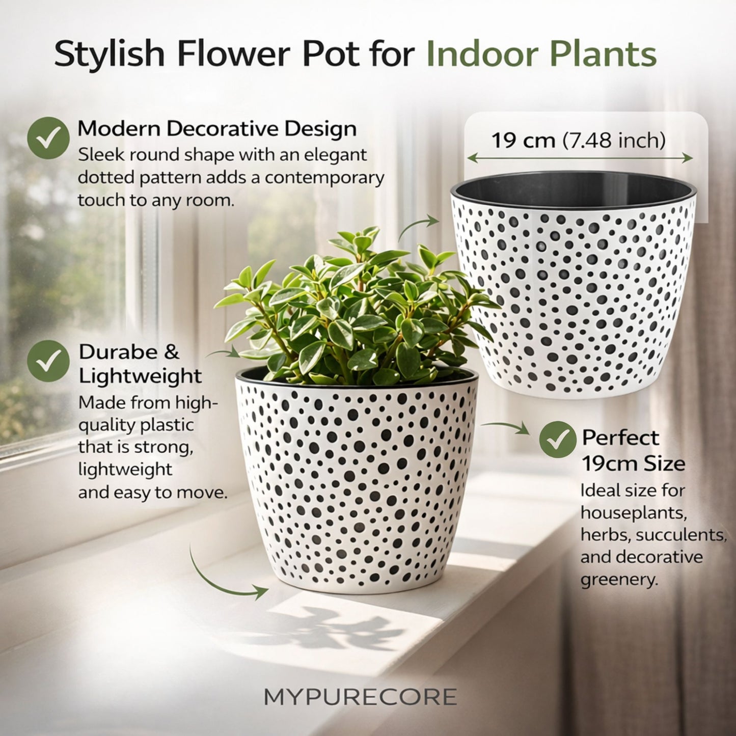 Flower Pot 19cm Decorative Modern Dotted Design Plastic Planter Round Plant Pot