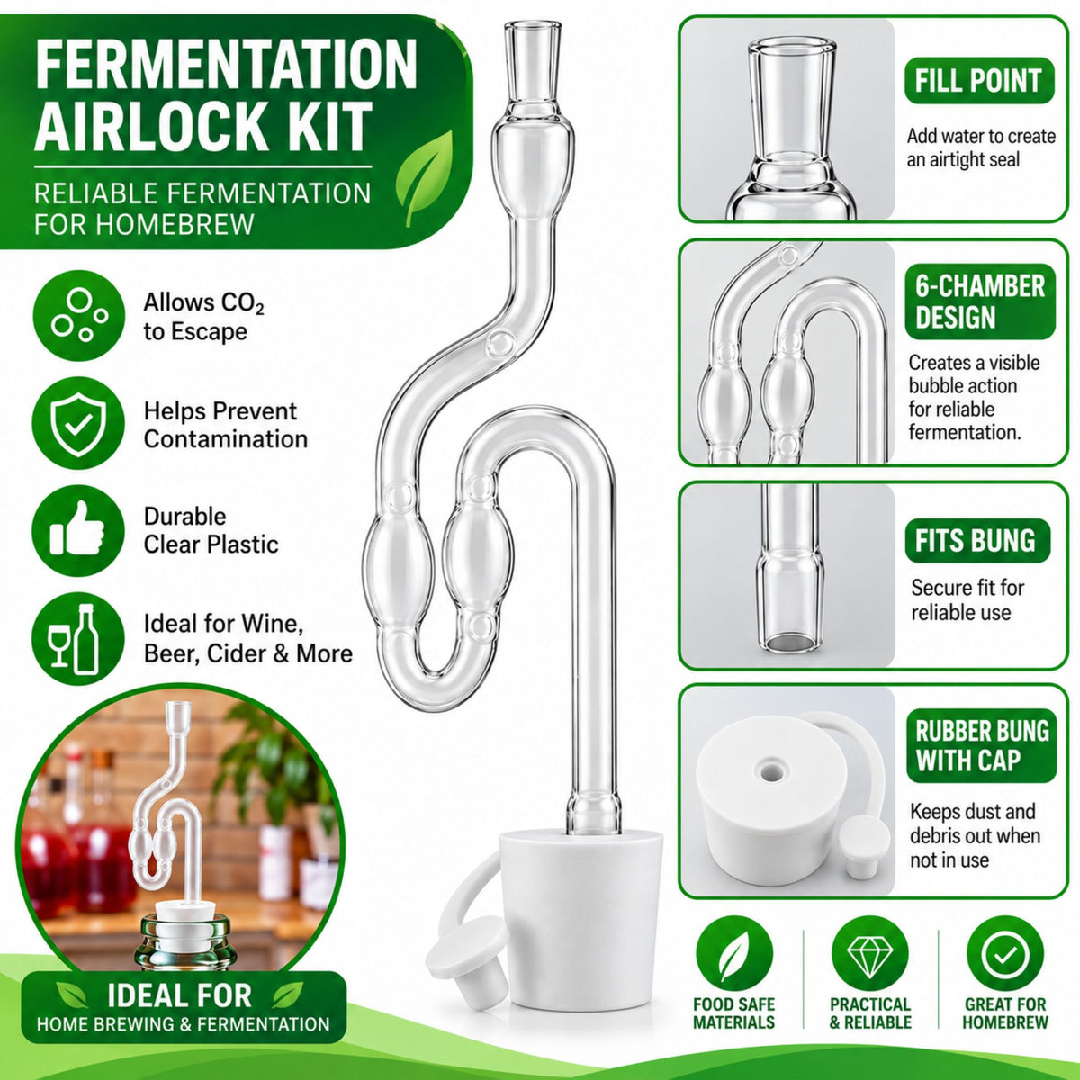 Fermentation Airlock Kit 6-Chamber Clear Plastic with White Rubber Bung KZ32 Cap Home Brew Wine Beer