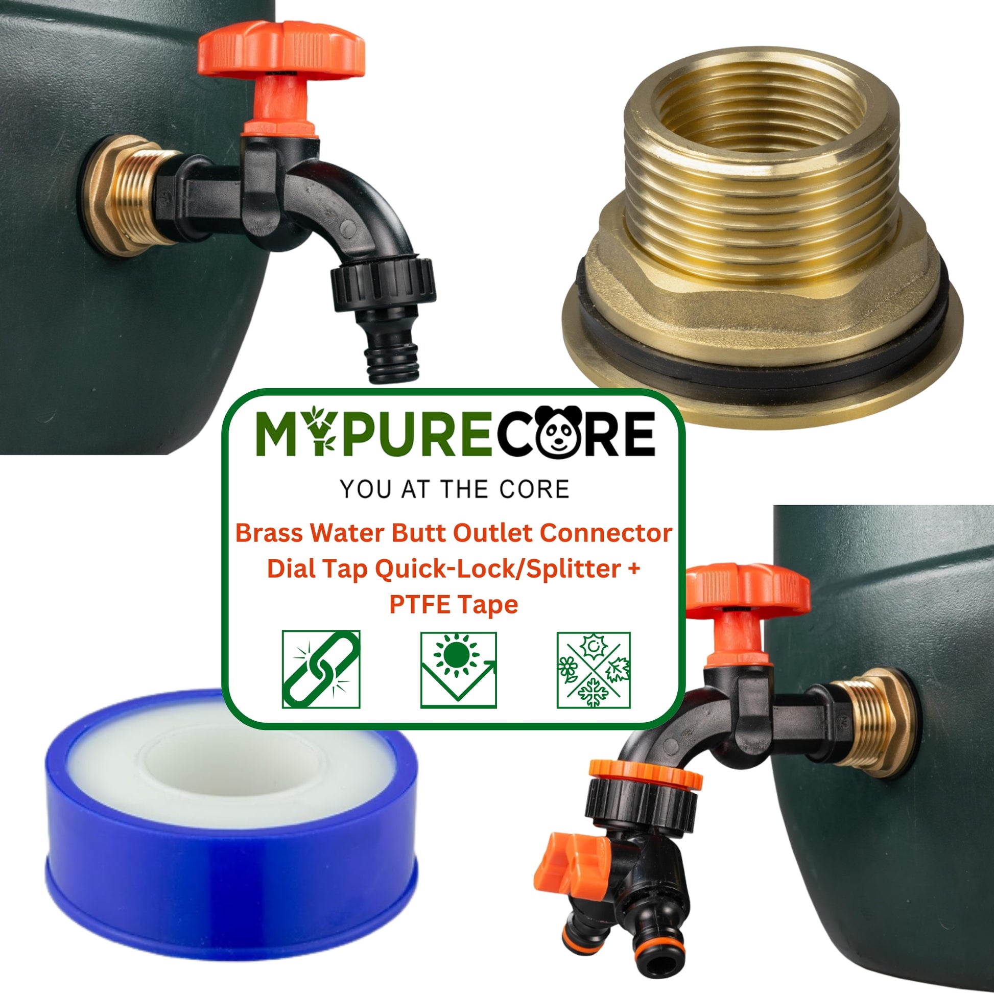 Heavy Duty Solid Brass Water Butt Outlet Connector with Dial Tap, Quick-Lock or Two-Way Splitter + PTFE Tape for Rain Barrels and Water Tanks