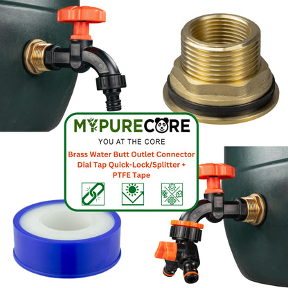 Heavy Duty Solid Brass Water Butt Outlet Connector with Dial Tap, Quick-Lock or Two-Way Splitter + PTFE Tape for Rain Barrels and Water Tanks