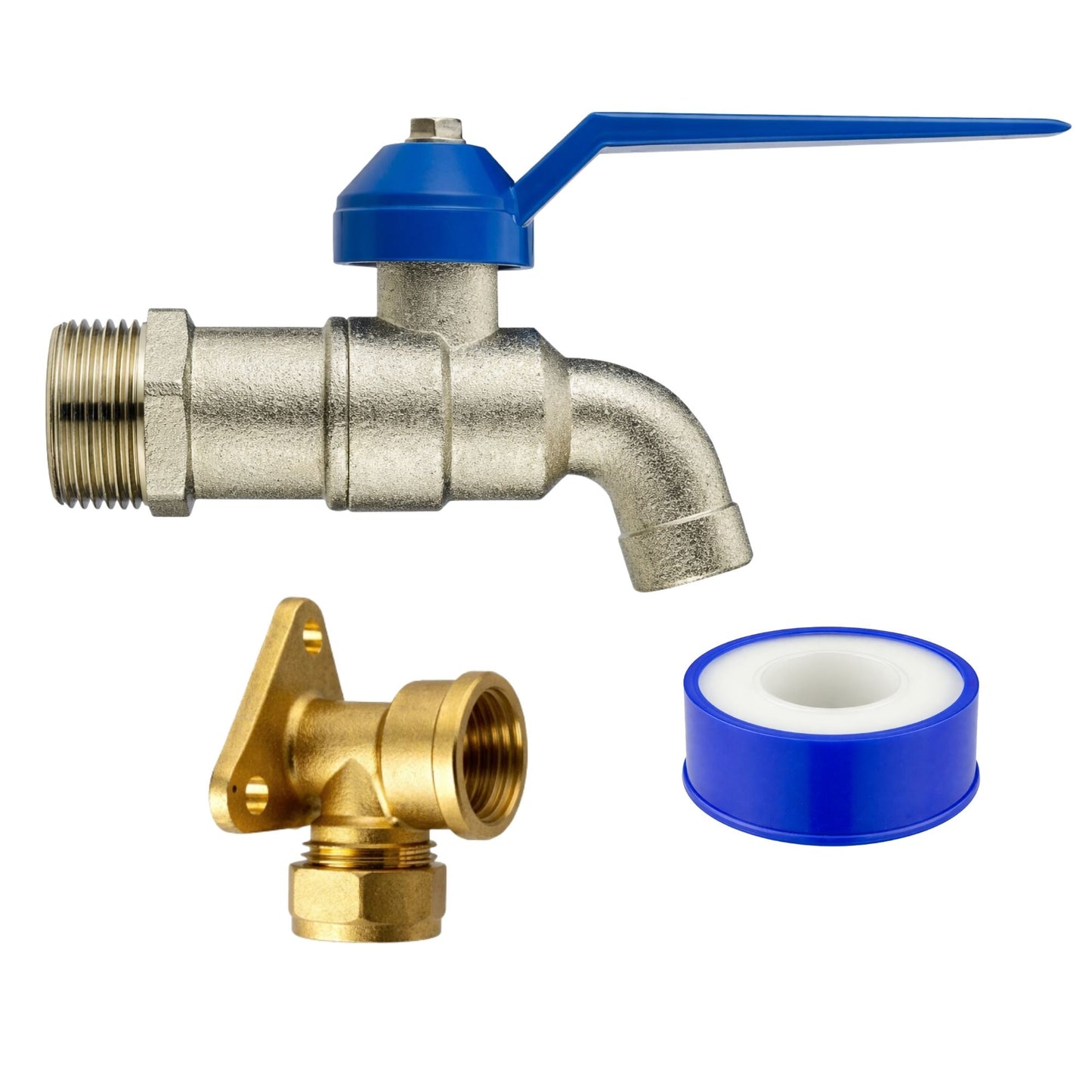 Garden Outdoor Tap Kit with 15mm Brass Compression Wall Plate – Tap Options with Hose Connector Compatibility, PTFE Tape Included for Garden Watering, Irrigation, Outdoor Use