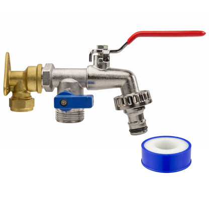 Garden Outdoor Tap Kit with 15mm Brass Compression Wall Plate – Tap Options with Hose Connector Compatibility, PTFE Tape Included for Garden Watering, Irrigation, Outdoor Use