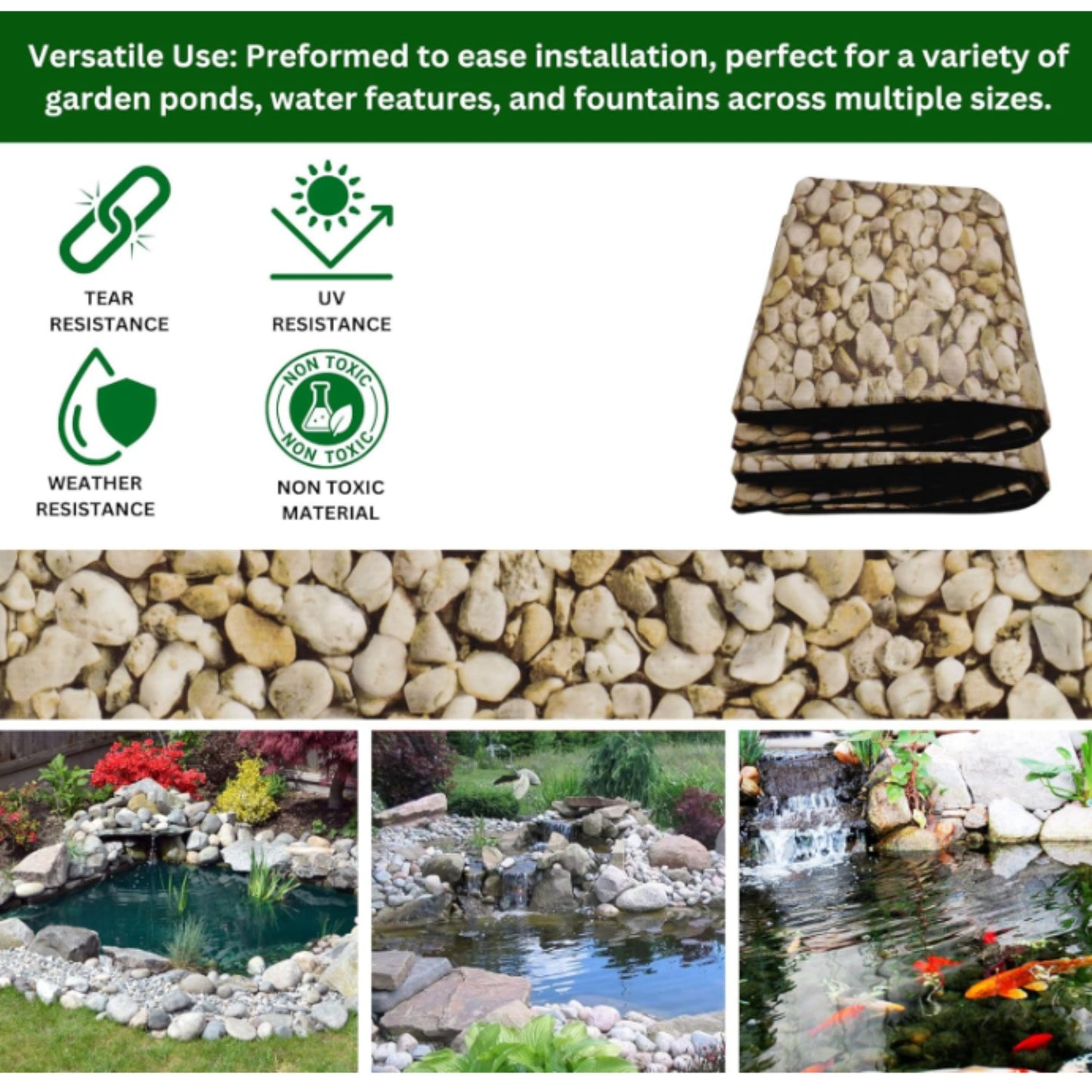 Heavy-Duty 450GSM Pond Liner - Premium HDPE Liner with Pebble Design for Ponds, Waterfalls & Fountains – UV & Tear Resistant – Various Sizes Available
