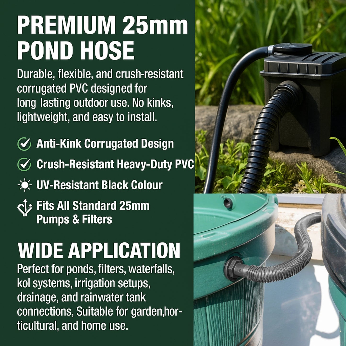 MYPURECORE Corrugated Flexible Pond Hose Set - 25mm/1" PVC Hose with Double-Wired Metal Clips & Barbed Water Tank Outlet Connectors - for Pond Pumps, Waterfalls & Drainage (1M-10M)