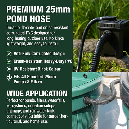 MYPURECORE Corrugated Flexible Pond Hose Set - 25mm/1" PVC Hose with Double-Wired Metal Clips & Barbed Water Tank Outlet Connectors - for Pond Pumps, Waterfalls & Drainage (1M-10M)