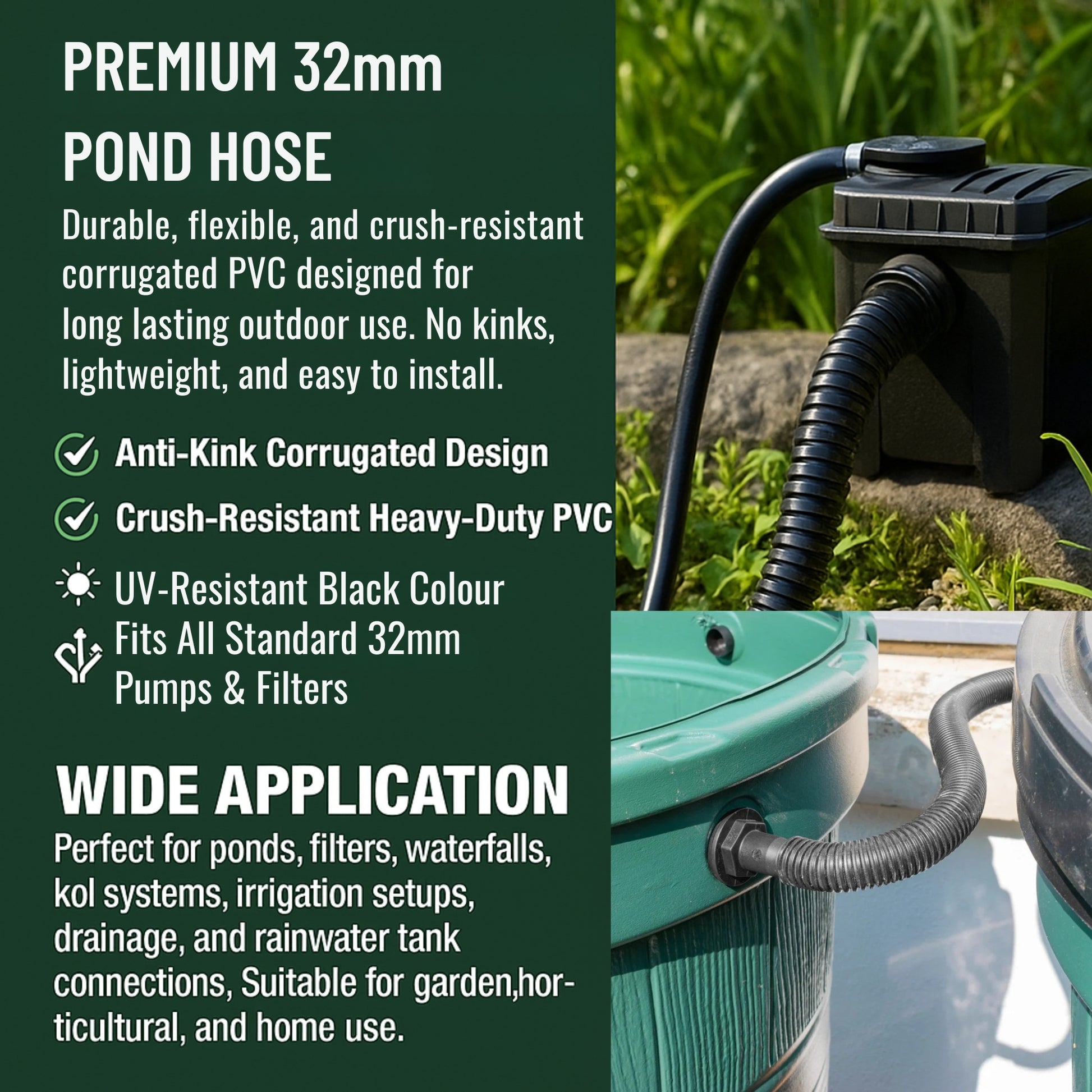 MYPURECORE Corrugated Flexible Pond Hose Set - 32mm/1.25" PVC Hose w/ Double-Wired Metal Clips & Barbed Water Tank Outlet Connectors - for Pond Pumps, Waterfalls, Drainage (1M-10M)