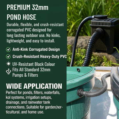 MYPURECORE Corrugated Flexible Pond Hose Set - 32mm/1.25" PVC Hose w/ Double-Wired Metal Clips & Barbed Water Tank Outlet Connectors - for Pond Pumps, Waterfalls, Drainage (1M-10M)
