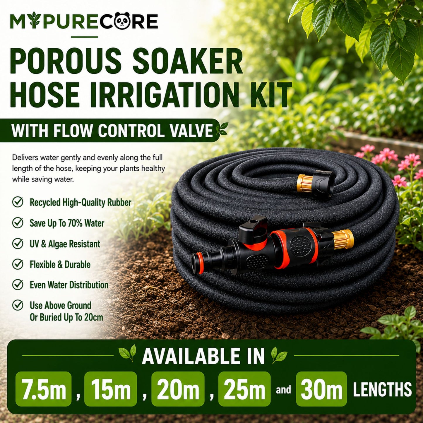 Porous Soaker Hose Irrigation Kit with Flow Control Valve | Flexible Garden Watering Hose Root Irrigation System | 7.5m - 30m