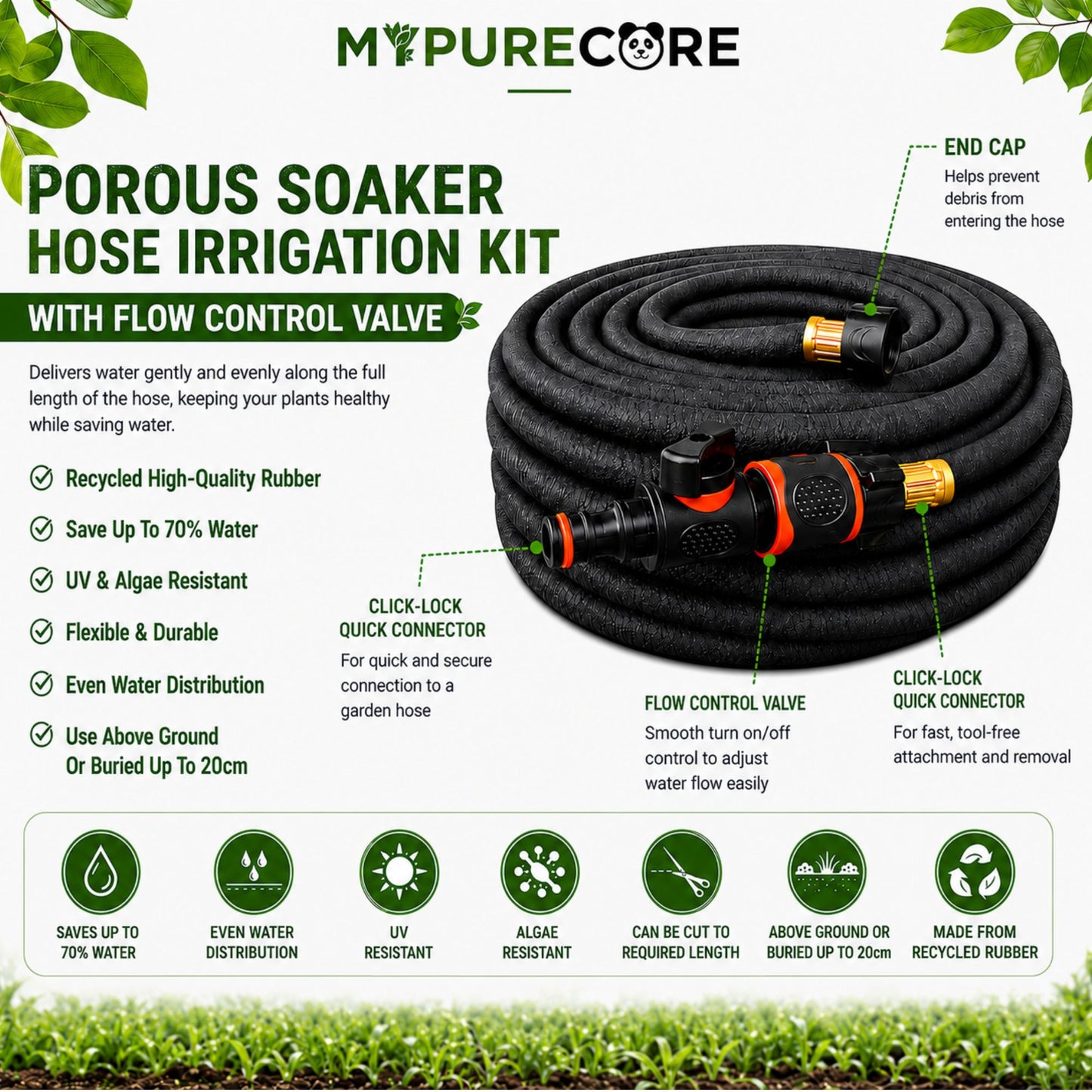 Porous Soaker Hose Irrigation Kit with Flow Control Valve | Flexible Garden Watering Hose Root Irrigation System | 7.5m - 30m