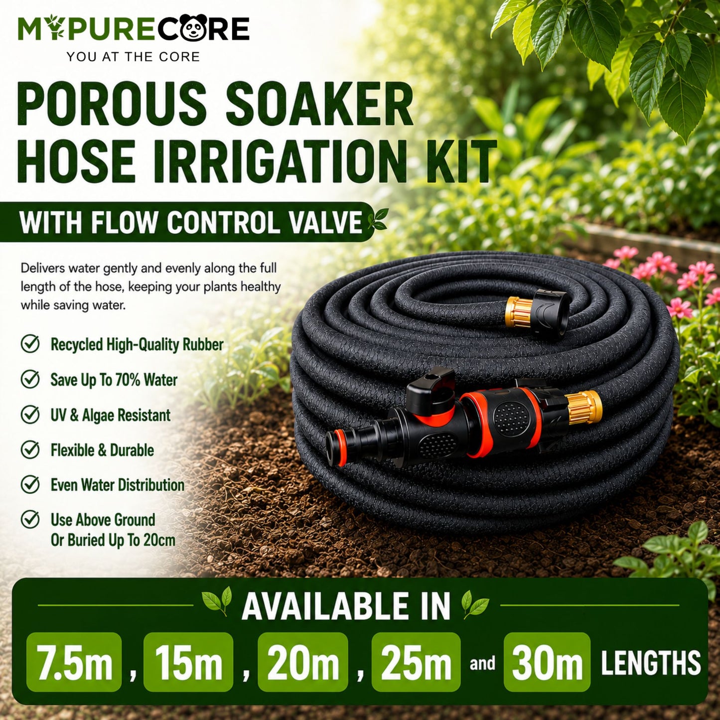Porous Soaker Hose Irrigation Kit with Flow Control Valve | Flexible Garden Watering Hose Root Irrigation System | 7.5m - 30m