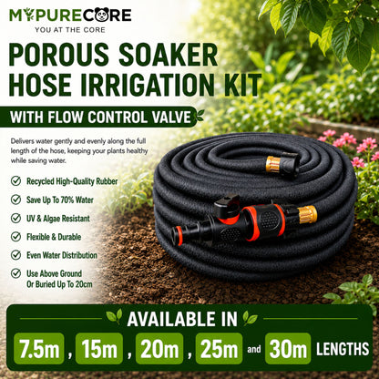 Porous Soaker Hose Irrigation Kit with Flow Control Valve | Flexible Garden Watering Hose Root Irrigation System | 7.5m - 30m