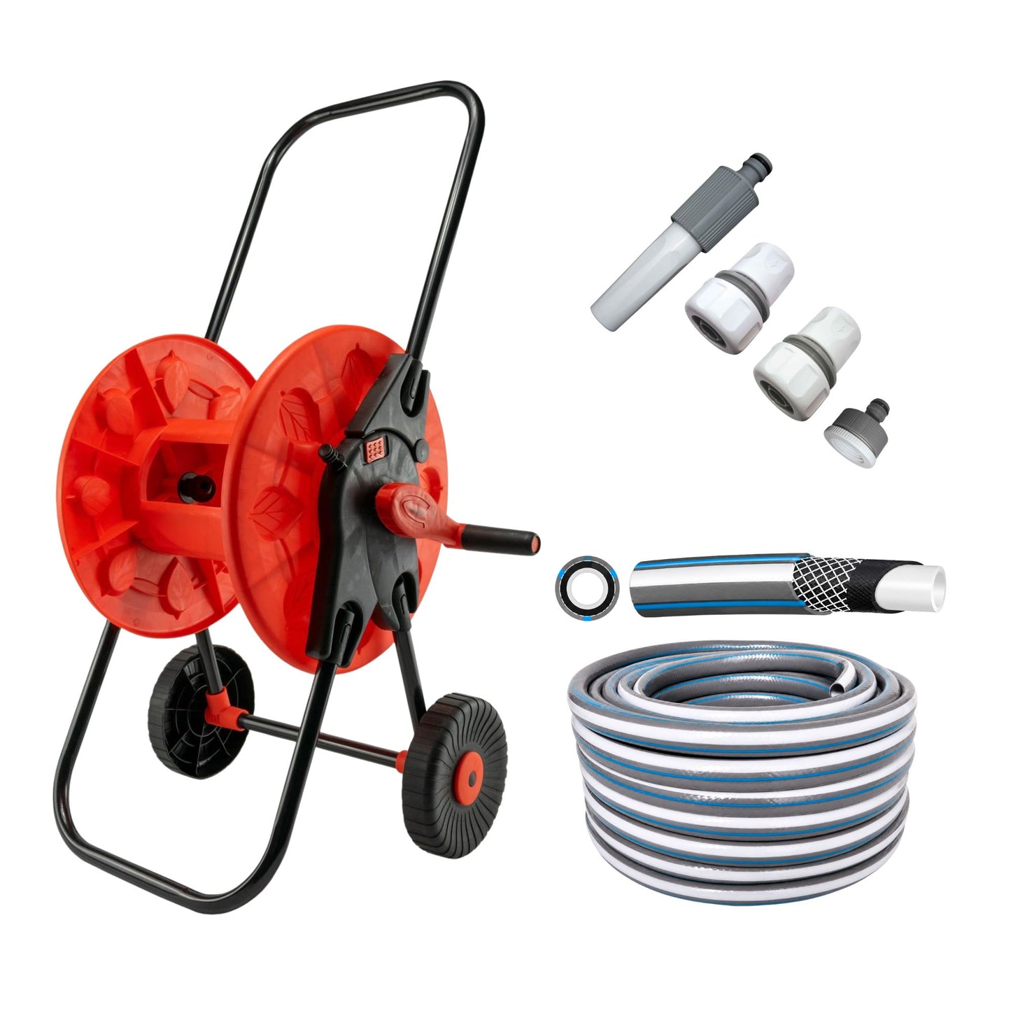 Hose Reel Cart with 30m Blue/Gray Garden Hose Pipe Watering Kit – Portable Wheeled Hose Trolley with Spray Nozzle, Connectors & Outdoor Irrigation Set