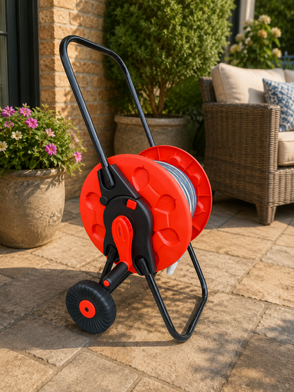 Hose Reel Cart with 30m Blue/Gray Garden Hose Pipe Watering Kit – Portable Wheeled Hose Trolley with Spray Nozzle, Connectors & Outdoor Irrigation Set