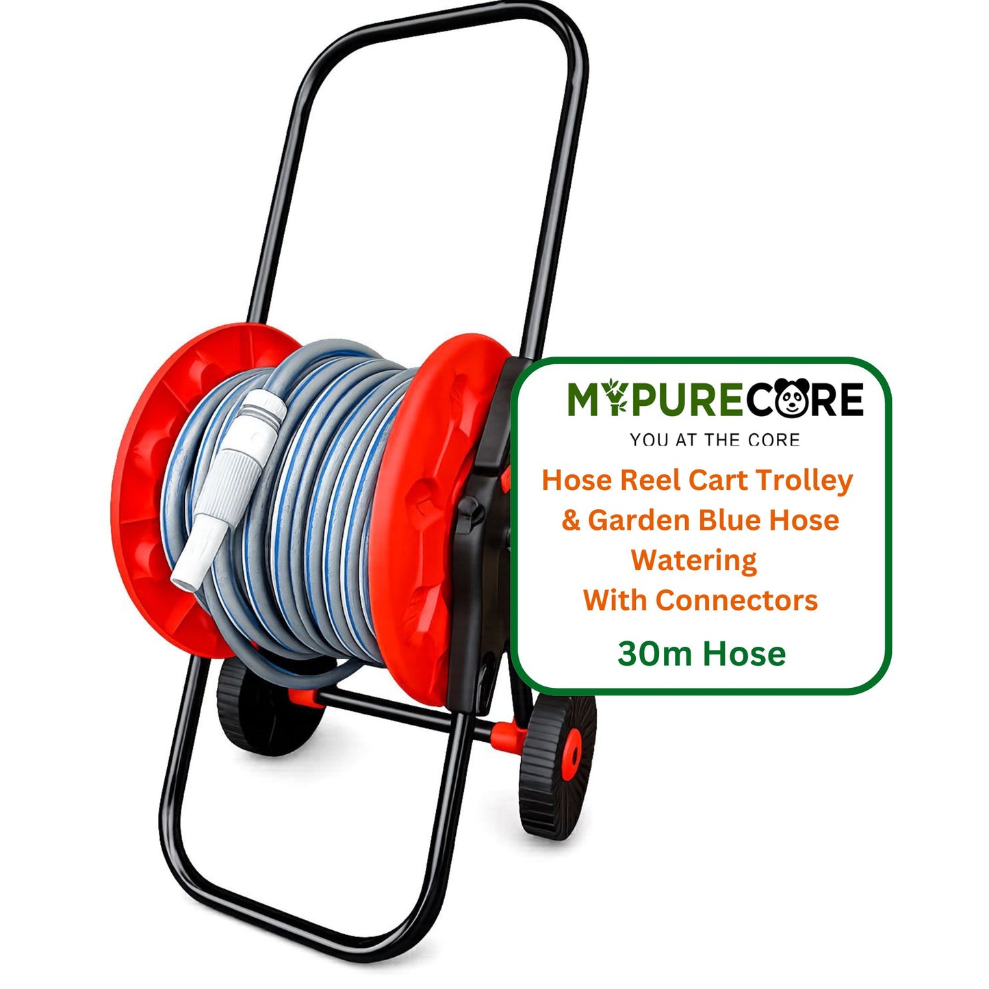 Hose Reel Cart with 30m Blue/Gray Garden Hose Pipe Watering Kit – Portable Wheeled Hose Trolley with Spray Nozzle, Connectors & Outdoor Irrigation Set