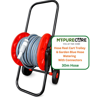 Hose Reel Cart with 30m Blue/Gray Garden Hose Pipe Watering Kit – Portable Wheeled Hose Trolley with Spray Nozzle, Connectors & Outdoor Irrigation Set