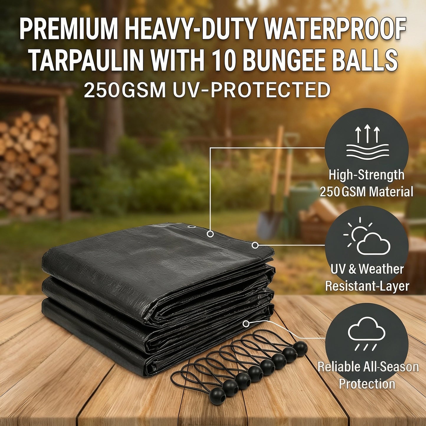 MYPURECORE Heavy Duty Waterproof Tarpaulin 250GSM Black Tarp with 10 Bungee Balls - Durable Weatherproof Tarp Sheet for Camping, Garden, Trailer, Tent & Outdoor Protection