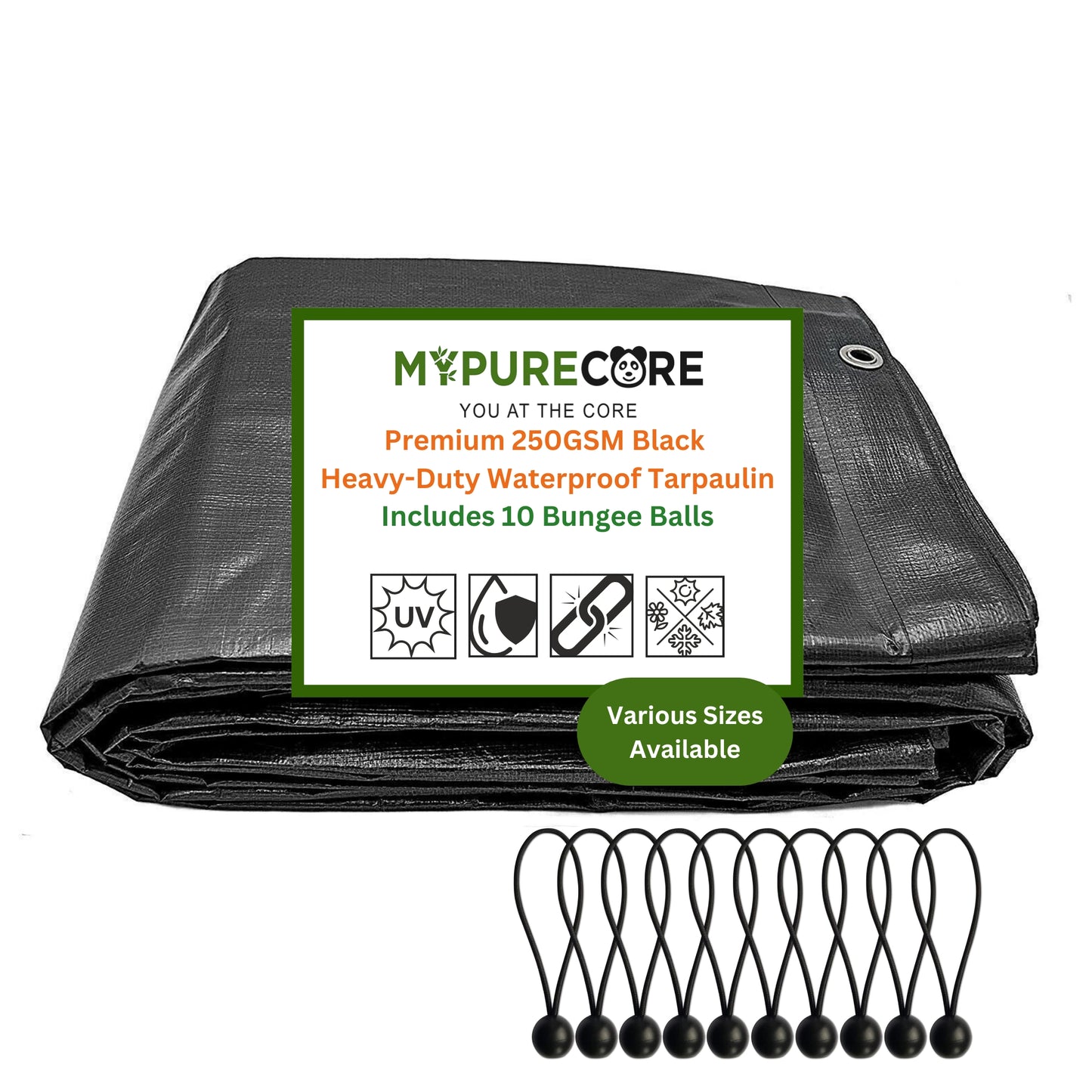 MYPURECORE Heavy Duty Waterproof Tarpaulin 250GSM Black Tarp with 10 Bungee Balls - Durable Weatherproof Tarp Sheet for Camping, Garden, Trailer, Tent & Outdoor Protection