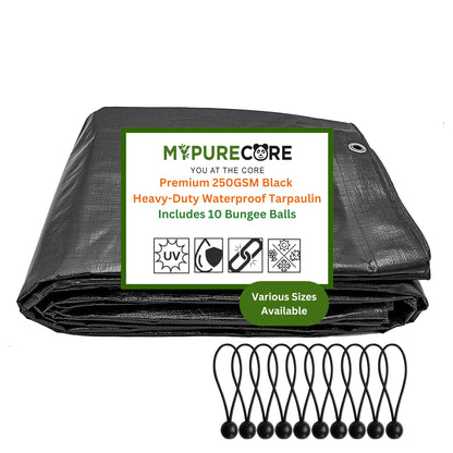 MYPURECORE Heavy Duty Waterproof Tarpaulin 250GSM Black Tarp with 10 Bungee Balls - Durable Weatherproof Tarp Sheet for Camping, Garden, Trailer, Tent & Outdoor Protection