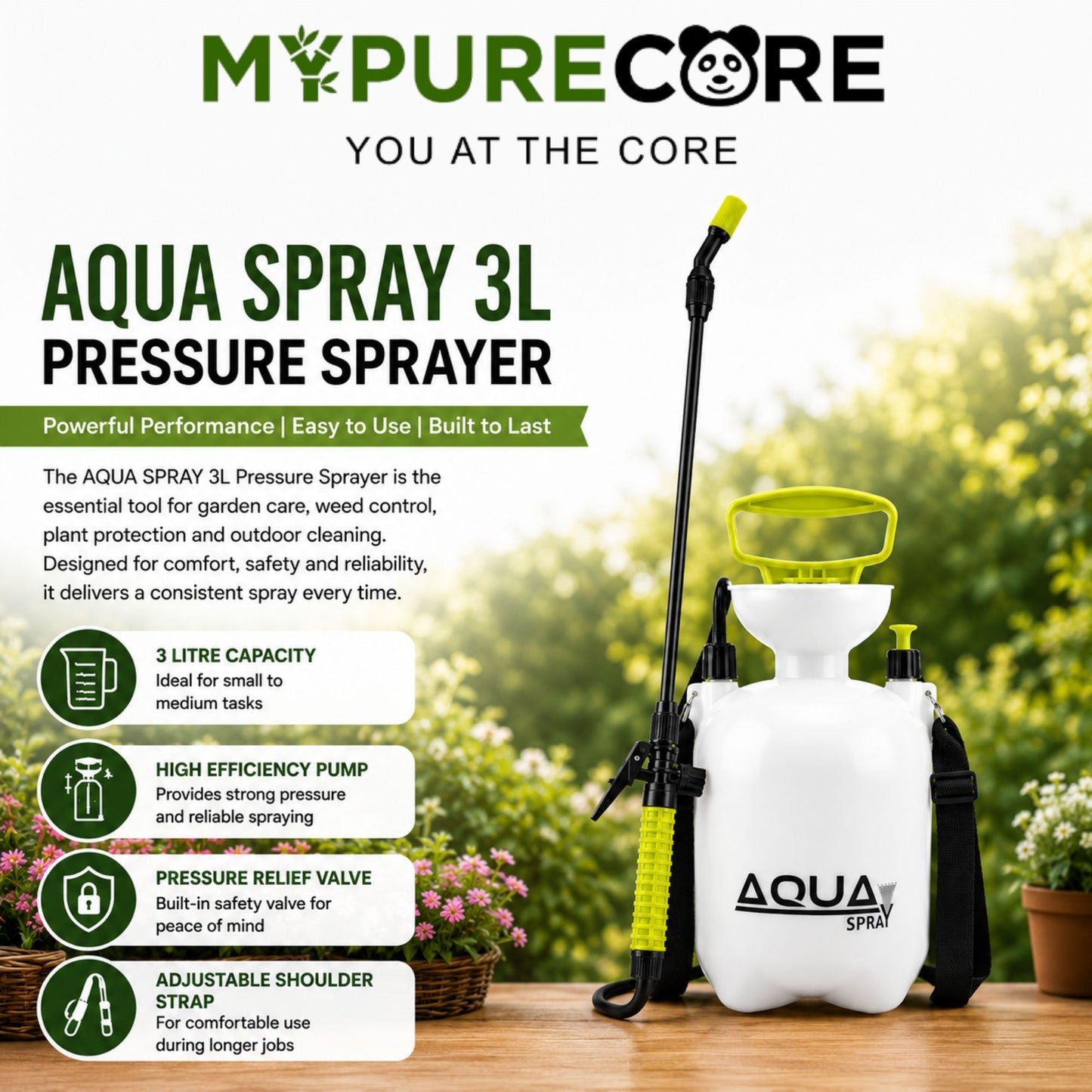 Pressure Sprayer 3L Garden Spray Bottle with Adjustable Telescopic Lance, Round & Flat Nozzles, Shoulder Strap for Plants & Weed Control