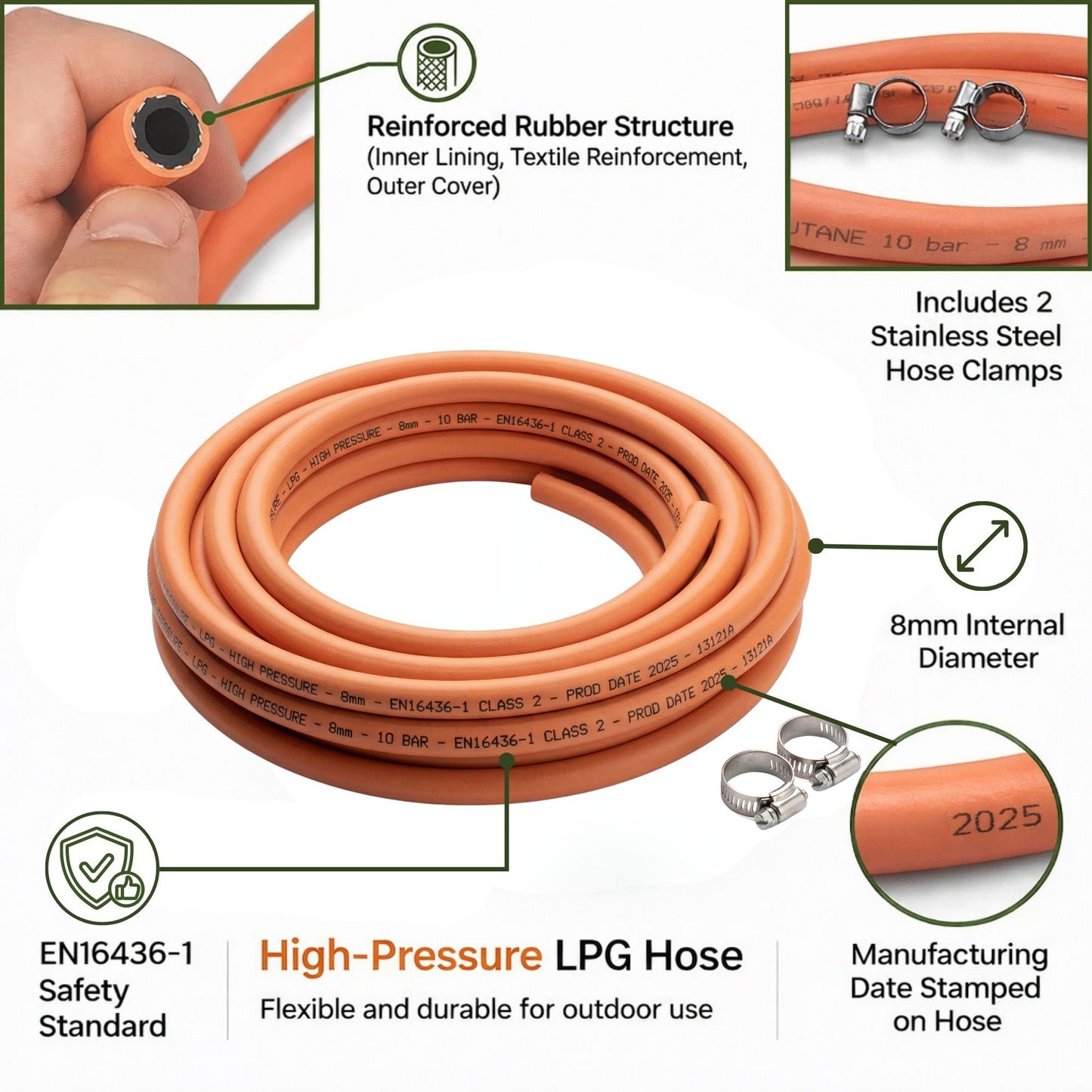 LPG Gas Hose Pipe 8mm with 2 Clips EN16436-1 High Pressure Propane Butane Gas Hose for BBQ Patio Heater Caravan Camping Cooker Gas Bottle Durable Orange Hose