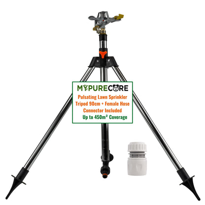Pulsating Lawn Sprinkler on Tripod 90cm with Female Hose Connector, Adjustable Impact Garden Sprinkler with Spray Arc Control, Metal Spiked Stand & 450m² Coverage