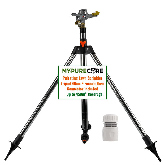 Pulsating Lawn Sprinkler on Tripod 90cm with Female Hose Connector, Adjustable Impact Garden Sprinkler with Spray Arc Control, Metal Spiked Stand & 450m² Coverage
