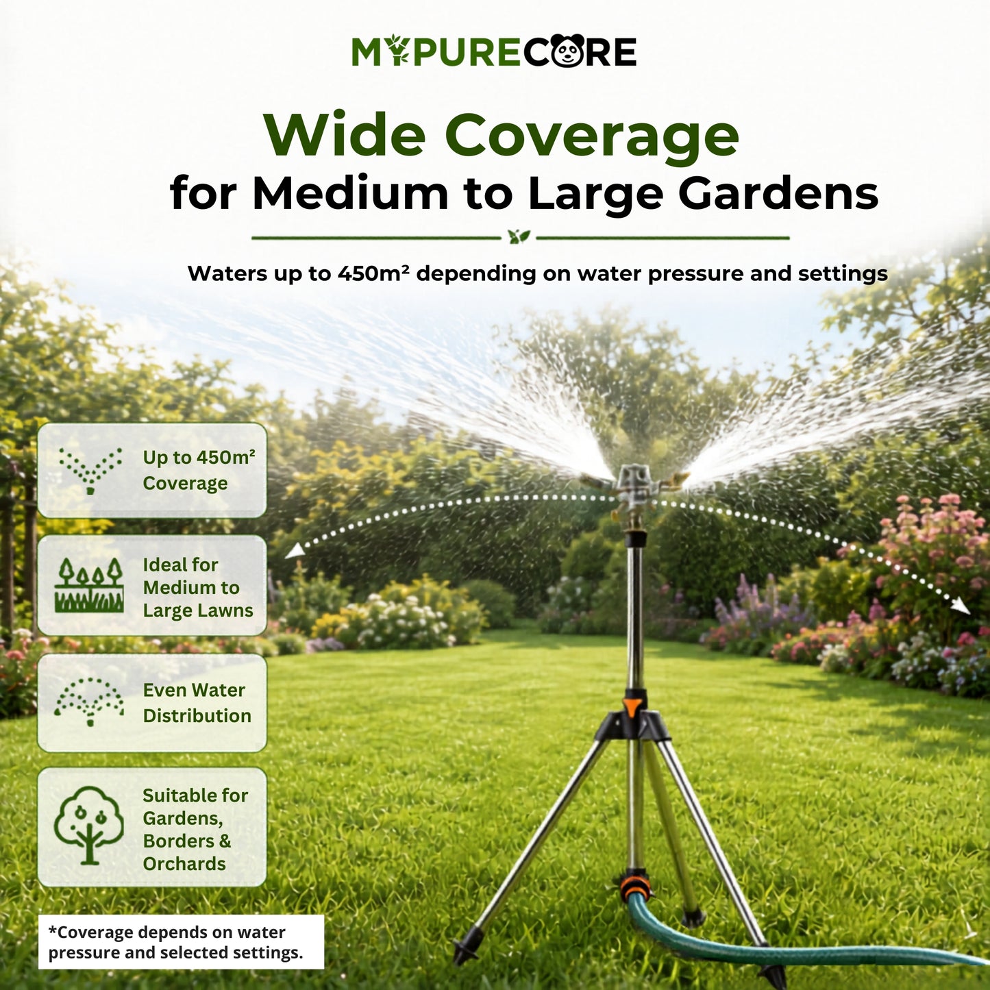 Pulsating Lawn Sprinkler on Tripod 90cm with Female Hose Connector, Adjustable Impact Garden Sprinkler with Spray Arc Control, Metal Spiked Stand & 450m² Coverage