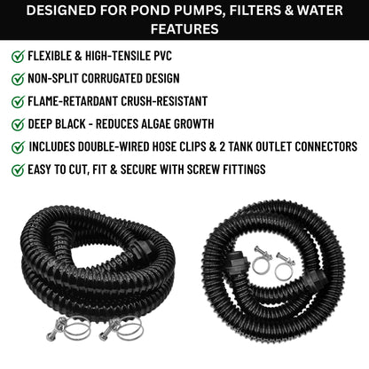 MYPURECORE Corrugated Flexible Pond Hose Set - 32mm/1.25" PVC Hose w/ Double-Wired Metal Clips & Barbed Water Tank Outlet Connectors - for Pond Pumps, Waterfalls, Drainage (1M-10M)