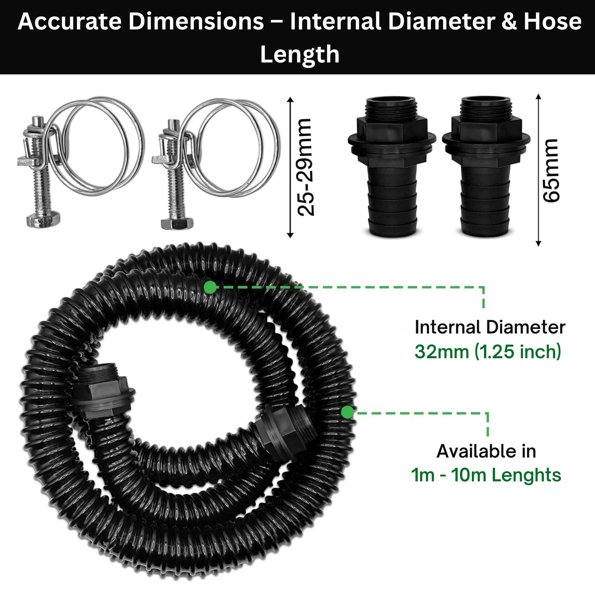 MYPURECORE Corrugated Flexible Pond Hose Set - 32mm/1.25" PVC Hose w/ Double-Wired Metal Clips & Barbed Water Tank Outlet Connectors - for Pond Pumps, Waterfalls, Drainage (1M-10M)