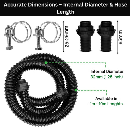 MYPURECORE Corrugated Flexible Pond Hose Set - 32mm/1.25" PVC Hose w/ Double-Wired Metal Clips & Barbed Water Tank Outlet Connectors - for Pond Pumps, Waterfalls, Drainage (1M-10M)