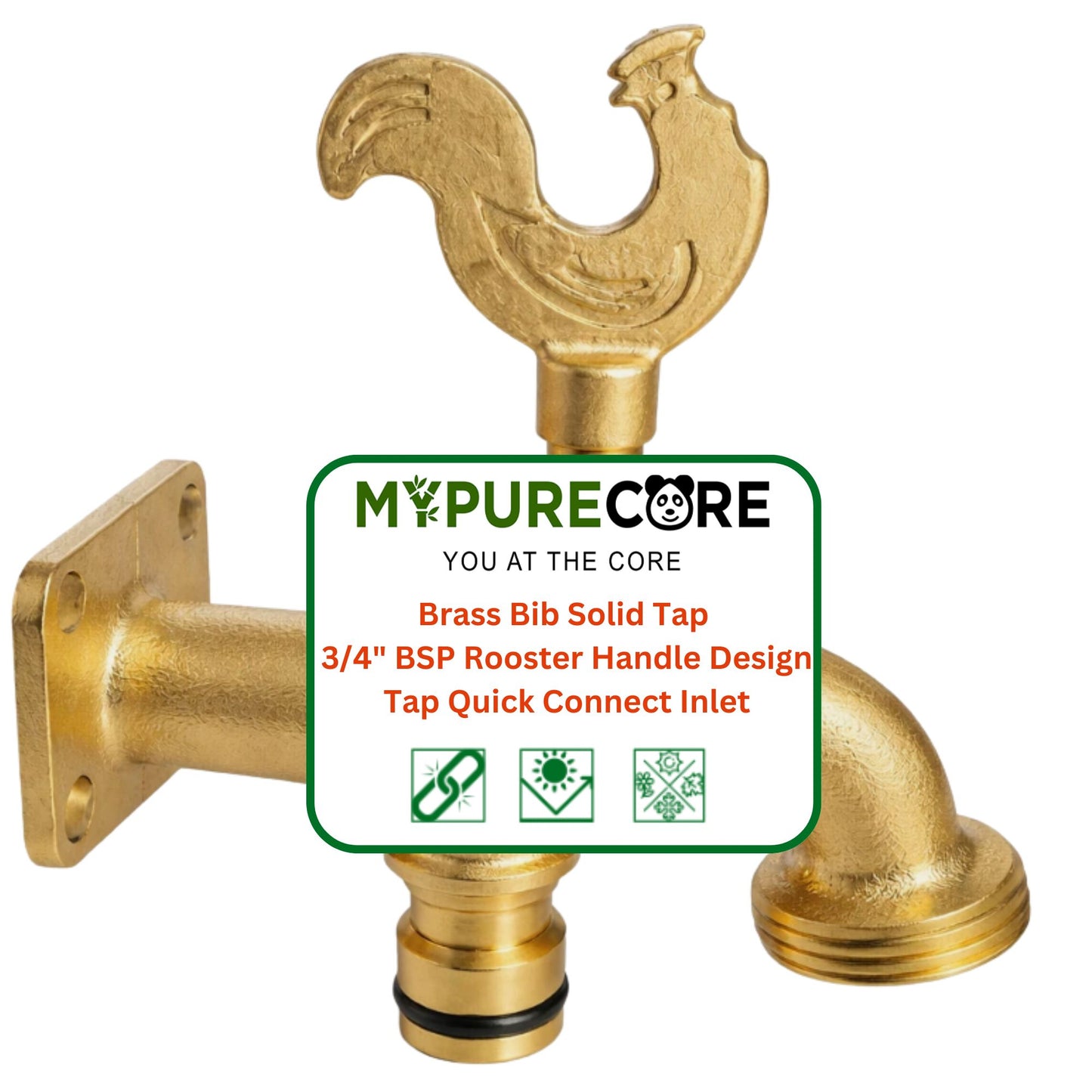 Brass Bib Solid Tap 3/4" BSP Rooster Handle Design Tap Quick Connect Inlet