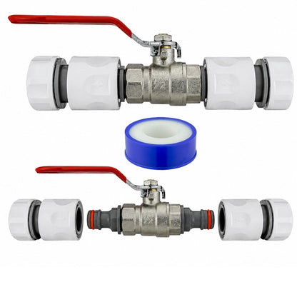 Garden Hose Inline Metal Tap Valve 1/2" with 2 Connectors & PTFE Tape | Water Shut Off Ball Valve for Irrigation, Sprinklers & Hosepipes