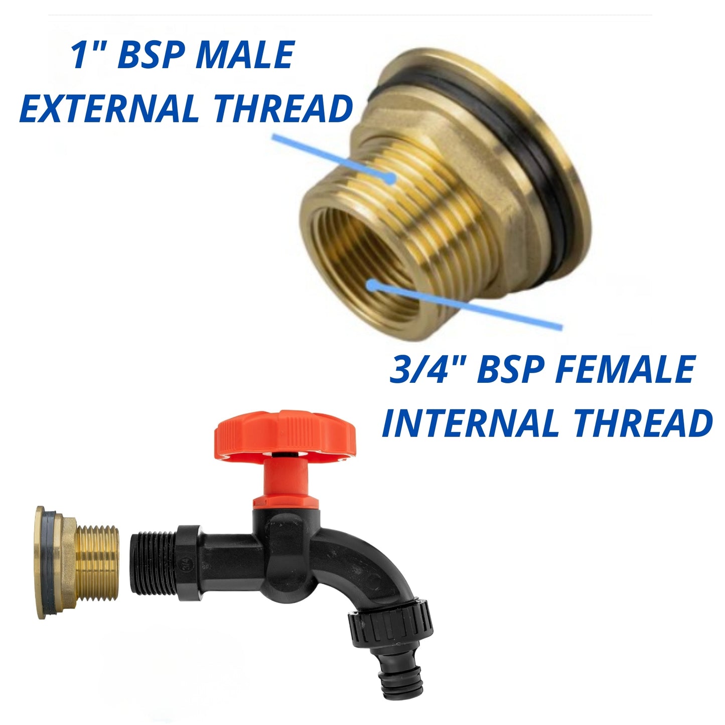 Heavy Duty Solid Brass Water Butt Outlet Connector with Dial Tap, Quick-Lock or Two-Way Splitter + PTFE Tape for Rain Barrels and Water Tanks