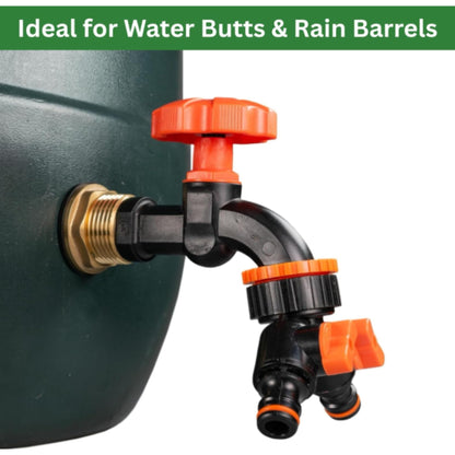 Water Butt Brass Kit 3/4" BSP to 1/2" with Drill Bit – Heavy-Duty Brass Tank Connector with Black Dial Tap for Rainwater Harvesting & Water Storage