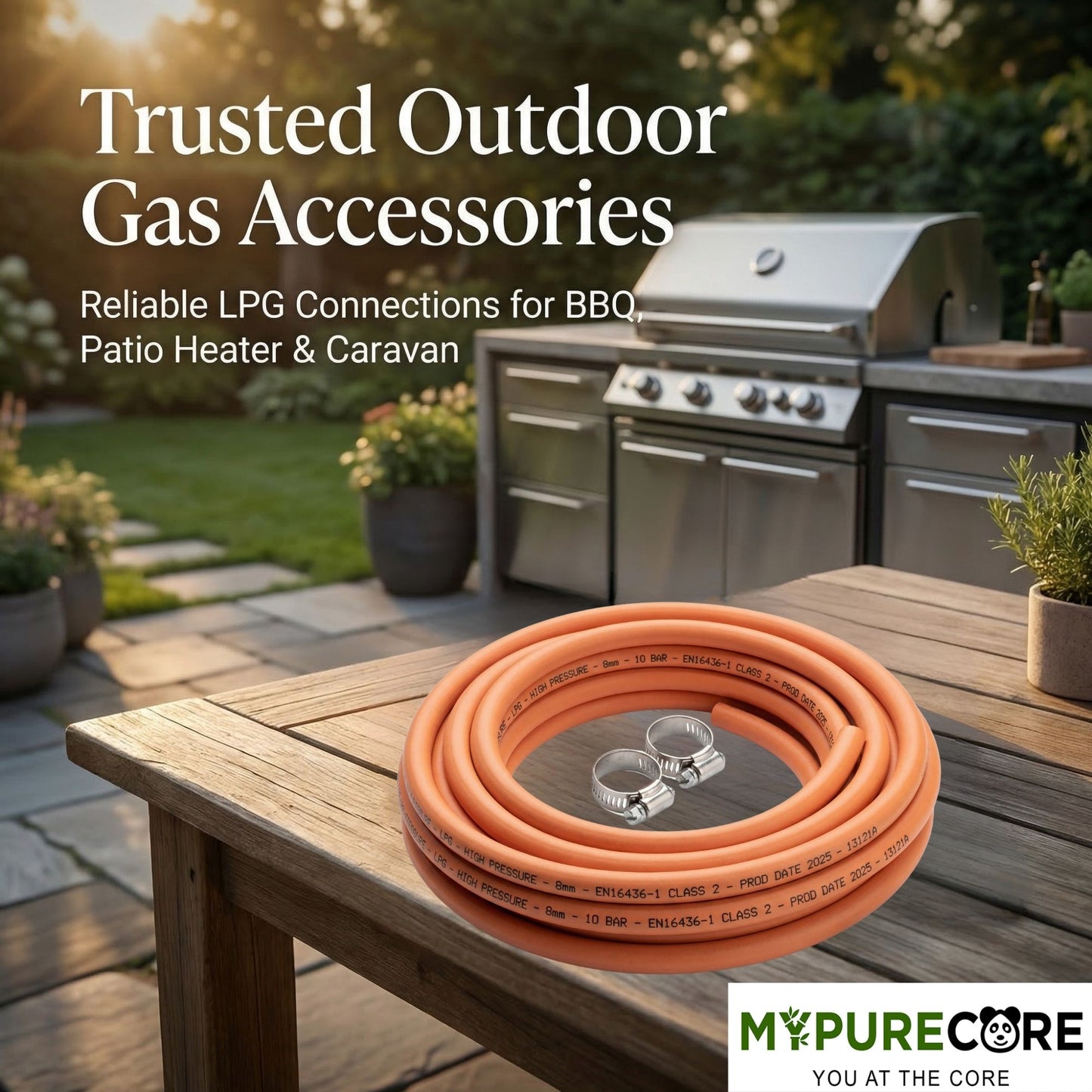 LPG Gas Hose Pipe 8mm with 2 Clips EN16436-1 High Pressure Propane Butane Gas Hose for BBQ Patio Heater Caravan Camping Cooker Gas Bottle Durable Orange Hose