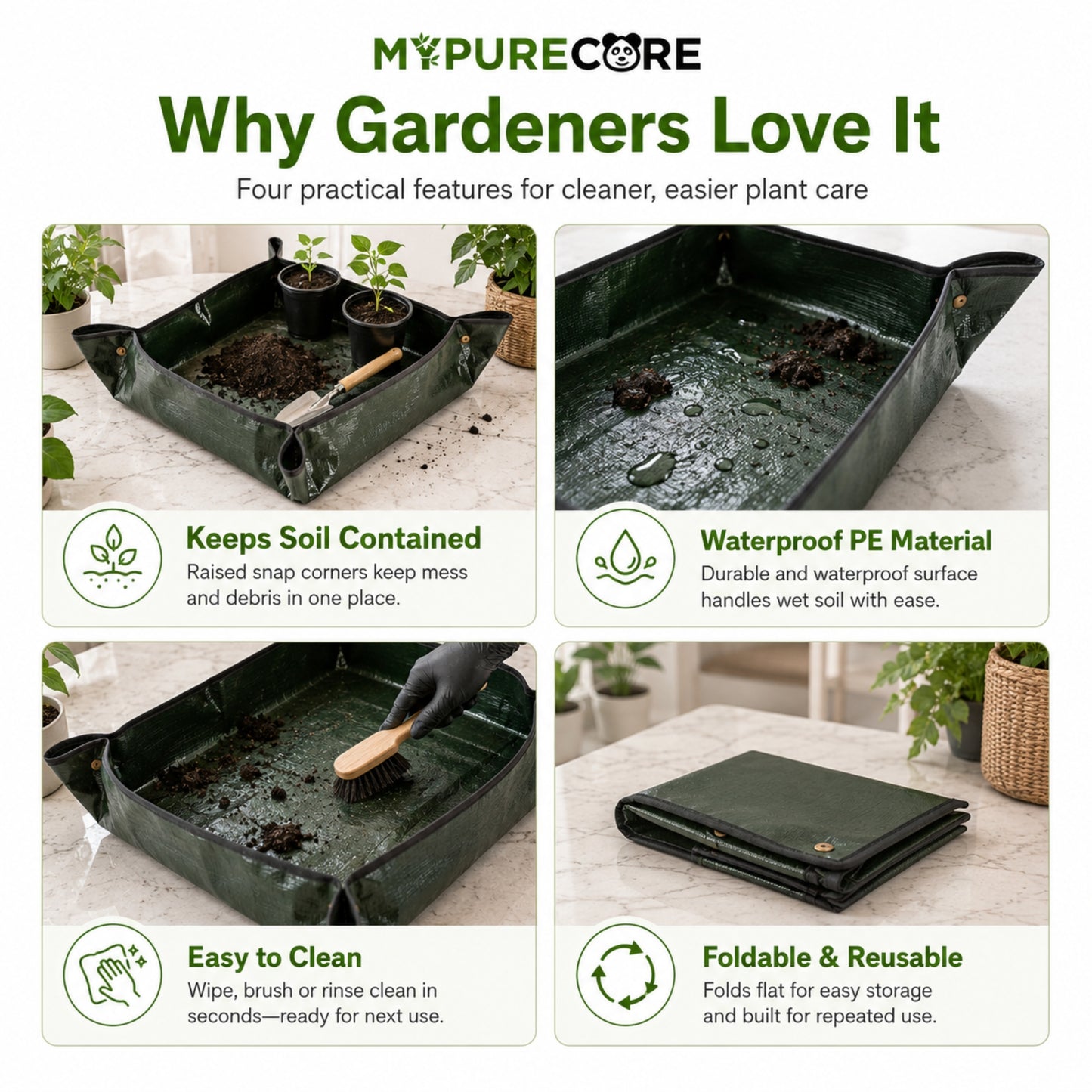 Plant Repotting Mat 100x100cm Waterproof Foldable Gardening Potting Tray with Snap Corners for Indoor Plants, Seedlings, Soil Mixing & Balcony Gardening