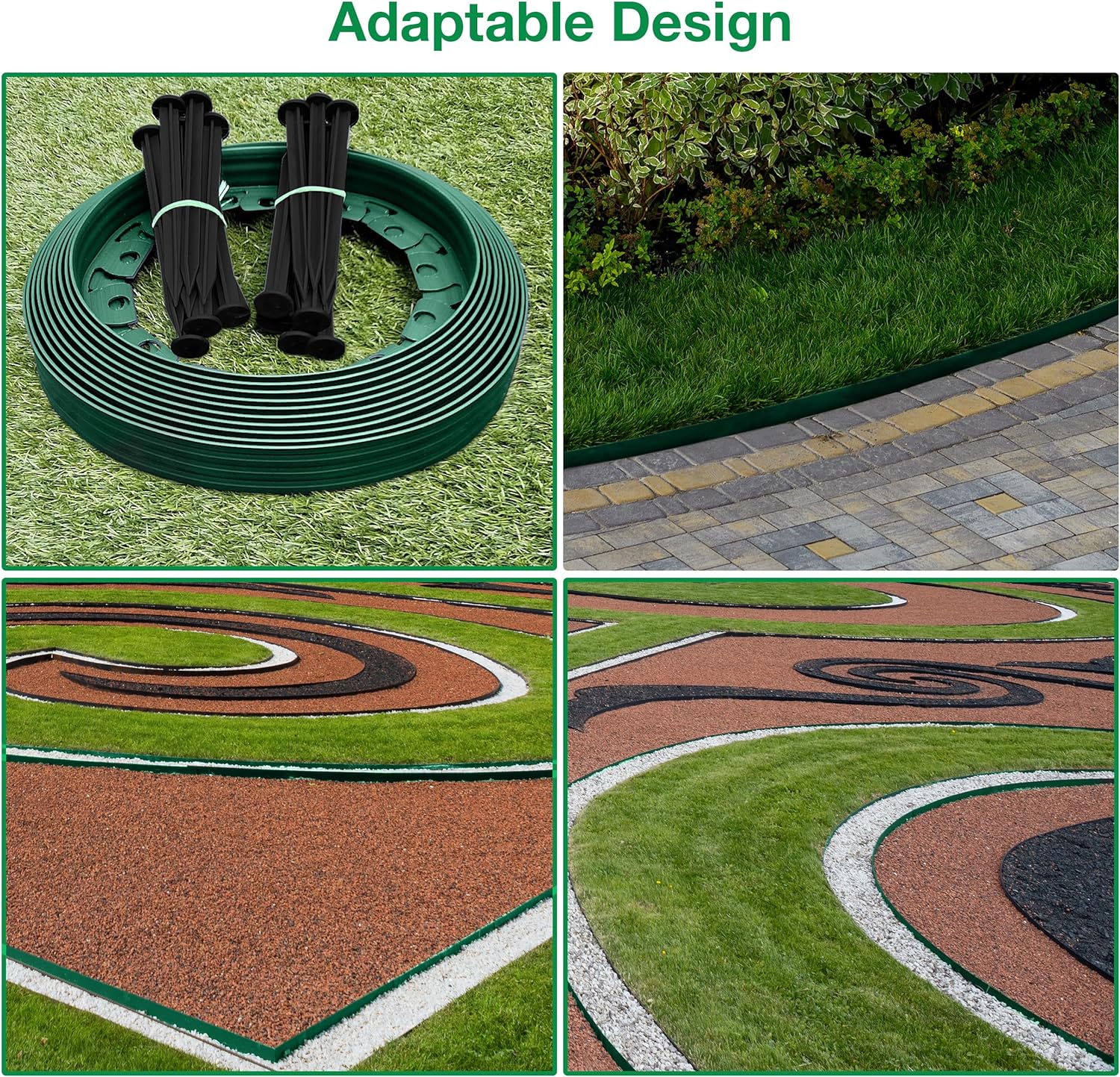 10m of Flexible Green Garden Edging Border - Complete with 20 Securing Pegs for Perfect Flower Beds, Lawns, and Pavement Design (60mm High)