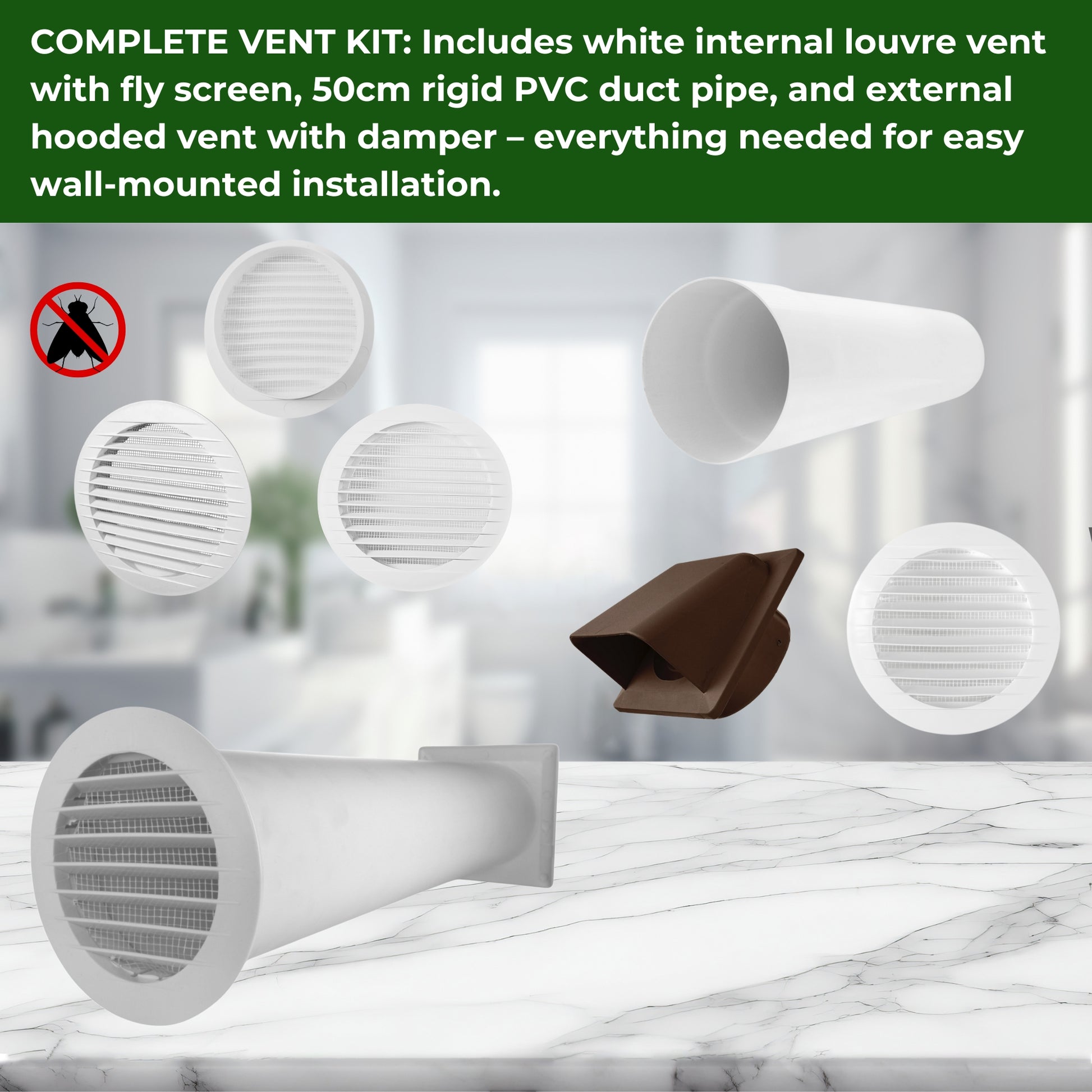 Through Wall Ventilation Kit – Round Louvre Vent with Fly Mesh, 50cm Rigid Duct Pipe & White External Hooded Cover with Damper – Durable Wall Air Vent for Bathroom, Kitchen & Home Use