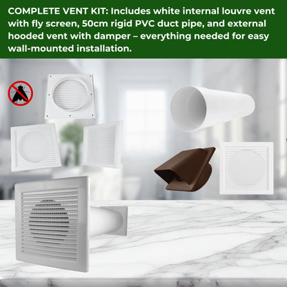 Through Wall Ventilation Kit – Louvre Vent with Fly Mesh, External Vent with Damper & 50cm Rigid Duct Pipe – Air Vent Cover for Bathroom, Kitchen, Home & Commercial Use
