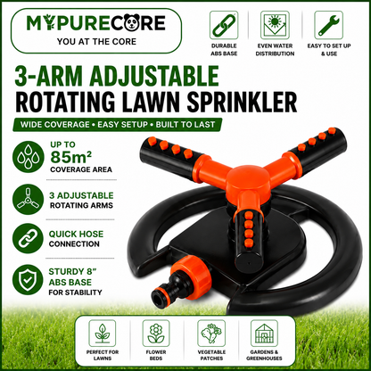 Lawn Sprinkler 3-Arm Adjustable Rotating – Garden Water Sprayer for Lawns, Flower Beds & Vegetable Patches – Wide Coverage Outdoor Irrigation Sprinkle