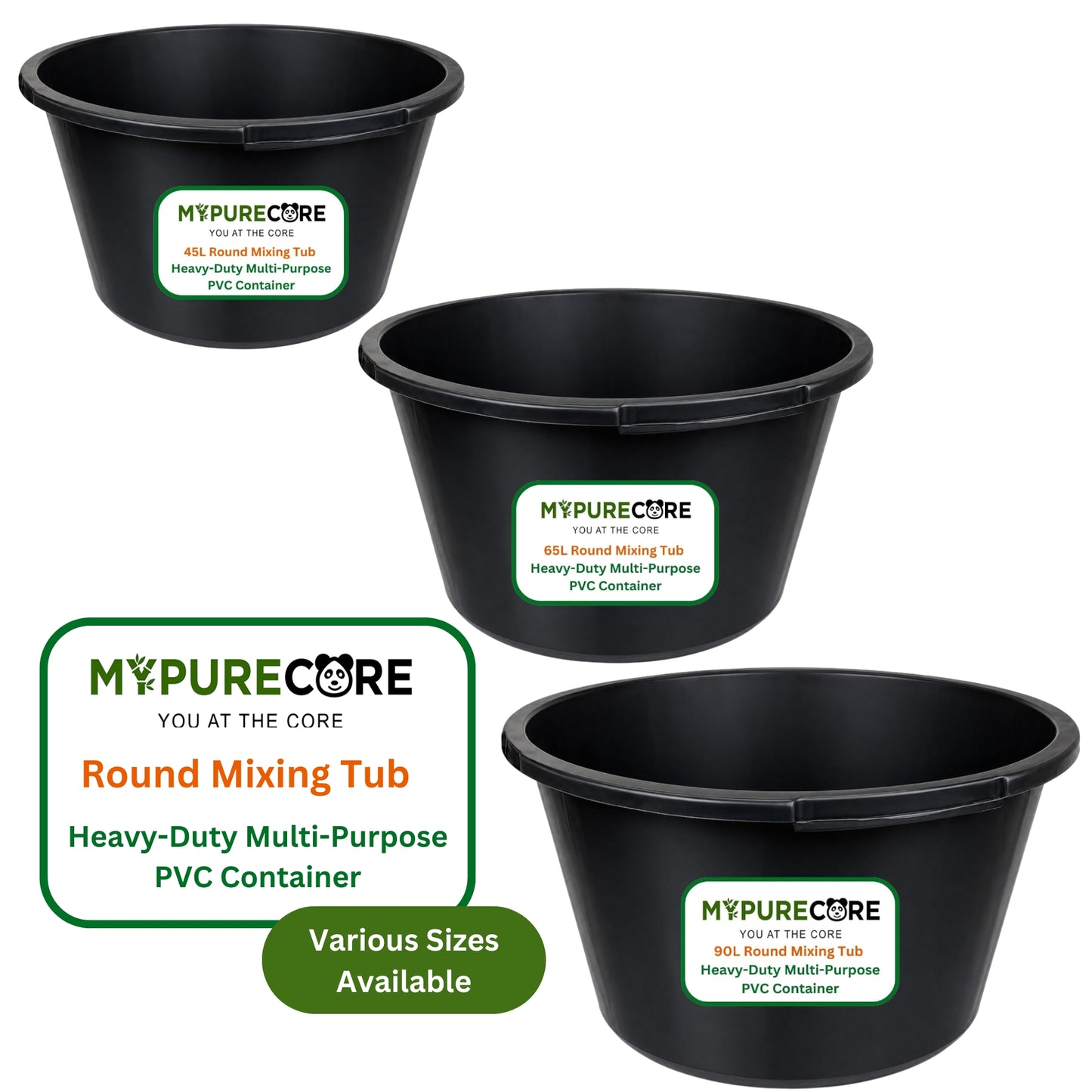 Round Mixing Tub Heavy Duty Plastic Utility Tub - Multi-Purpose PVC Container for Mortar, Plaster, Cement, Fillers, Gardening, Storage & DIY (45L / 65L / 90L)